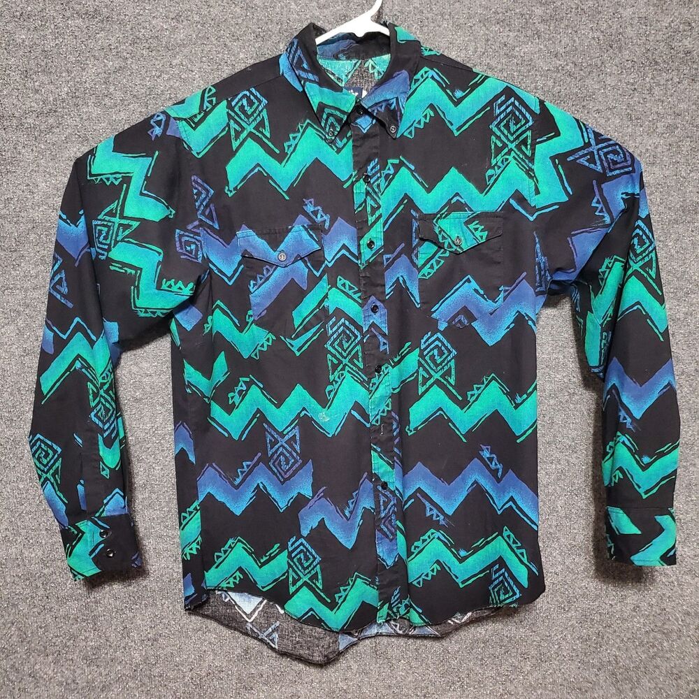 VTG Wrangler Shirt Western Zig Zag Button 17-36 X Long Tail Southwestern AOP